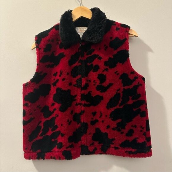 90s Tally-Ho Red Black Cow Print Vest Faux Fur Collar Y2K Retro Medium Petite - Picture 8 of 10